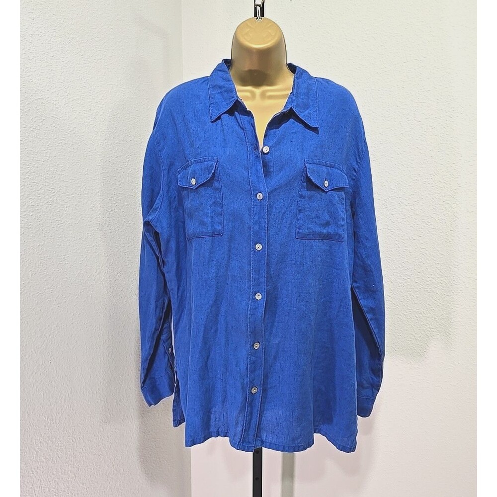 Lino Chico's XL Sz 2 Linen Button Up Shirt Cobalt Nautical Coastal Classic Basic